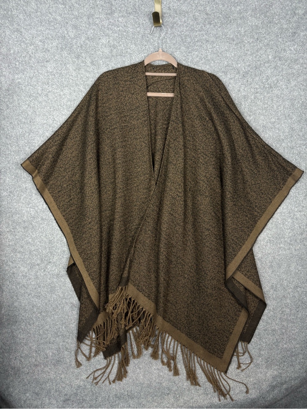 Cejon Brown Knit Fringe Open Front Poncho Ruana Wrap